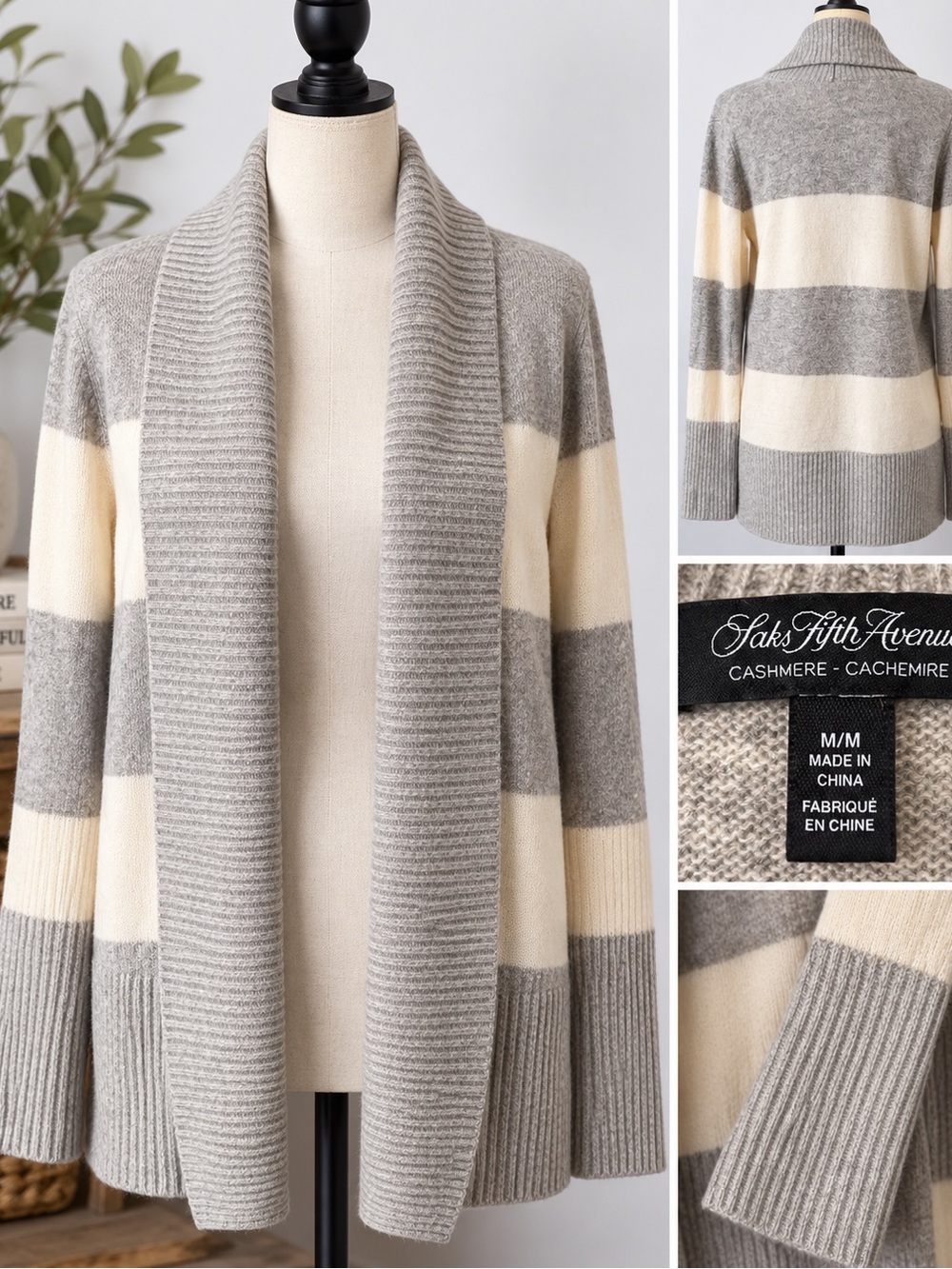 Saks Fifth Avenue 100% Cashmere Colorblock Open Front Cardigan Sweater M